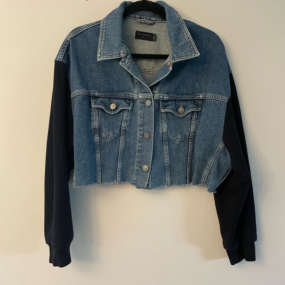 ALLSAINTS Denim Cropped Jacket with navy blue sleeves